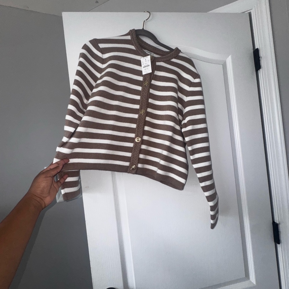 J. Crew Brown and White Striped Cardigan NWT